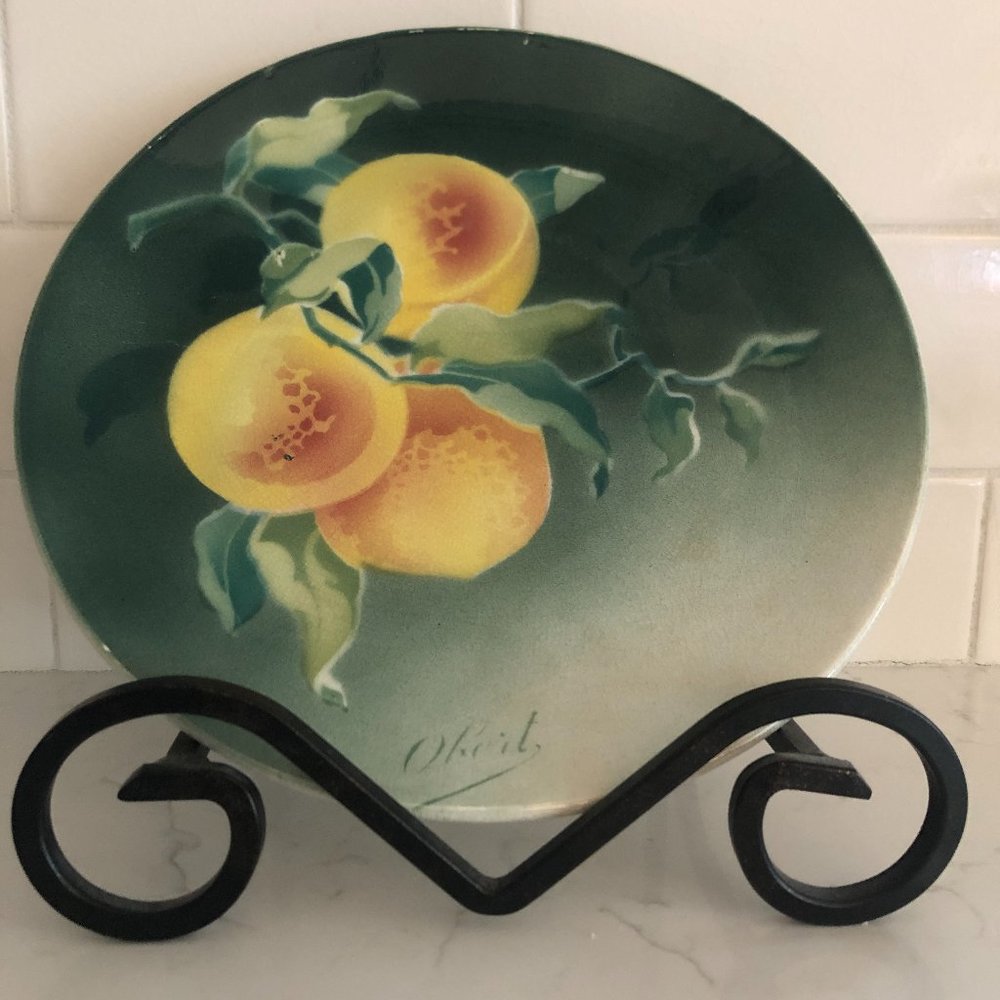 K&G Luneville Depose France Airbrushed Peach Fruit Plate by Obert